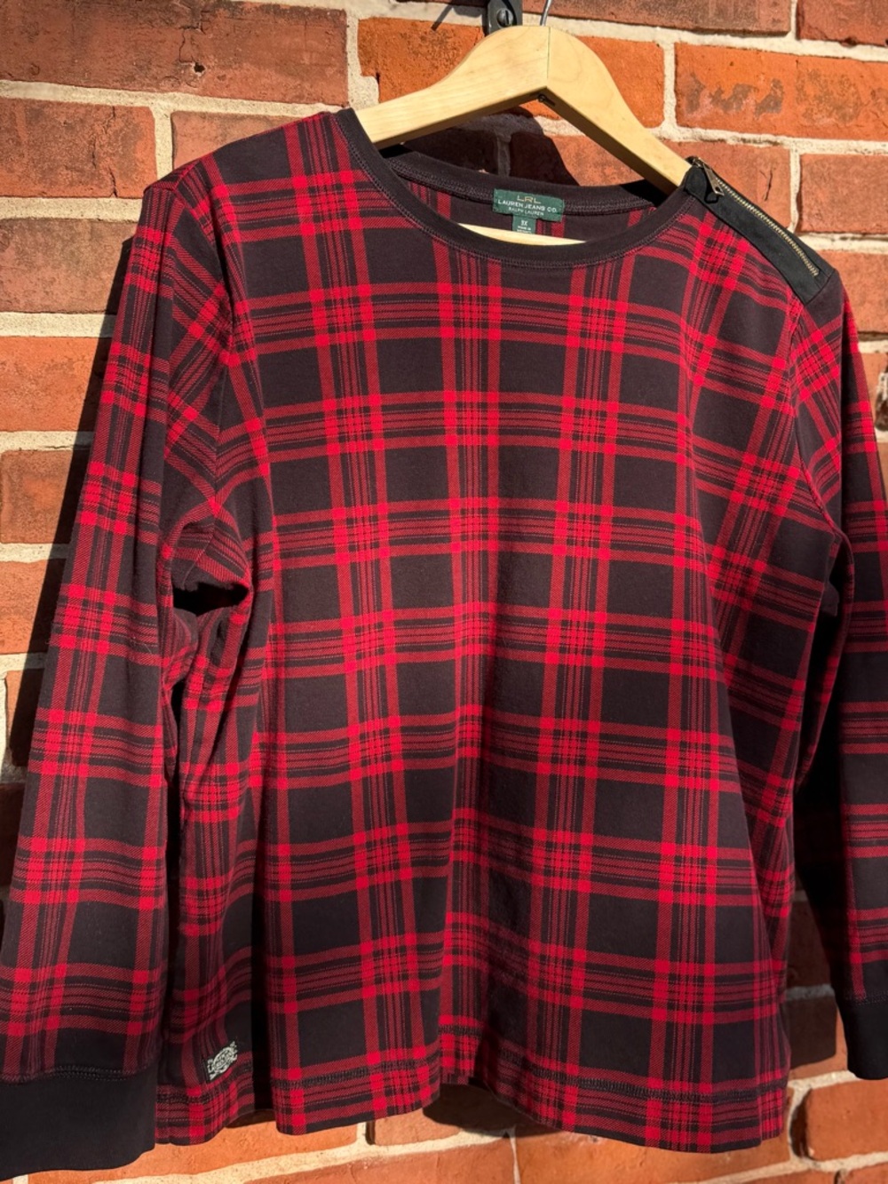 Ralph Lauren Sz 3X Plaid Top ❤️ Red Black Tartan w/ Elbow Patches & Zip Shoulder